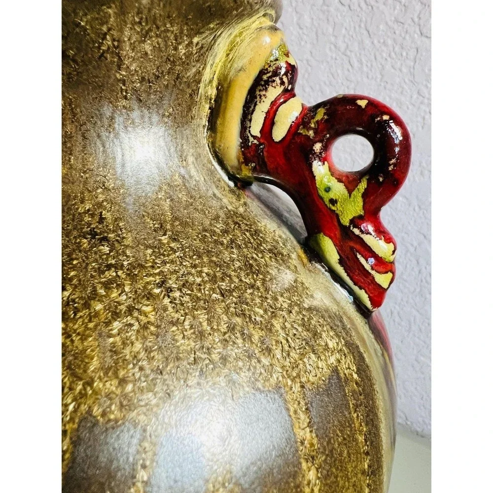 Vtg Vase Ceramic Drip‎ Glaze Metallic Gold Red Olive Swirl Handles Mystique 12in